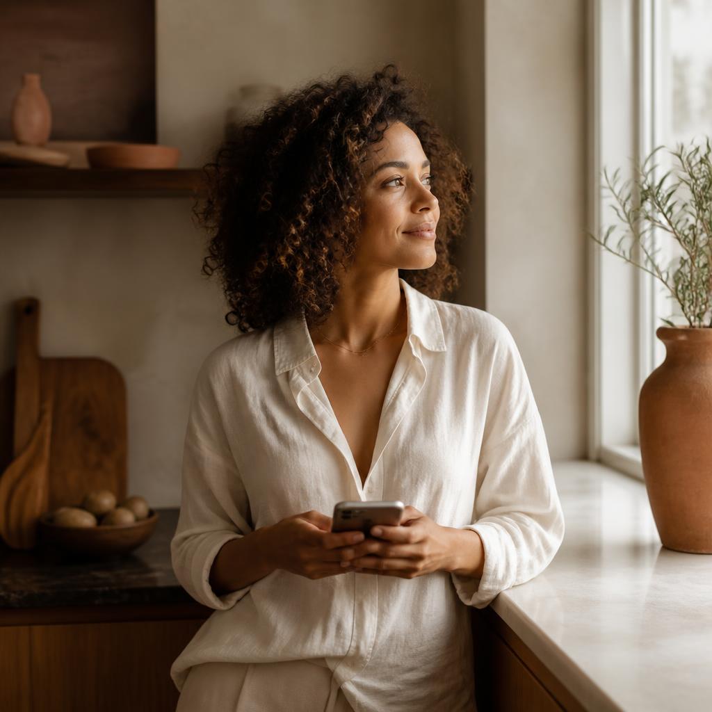 A woman pausing in a quiet moment of presence